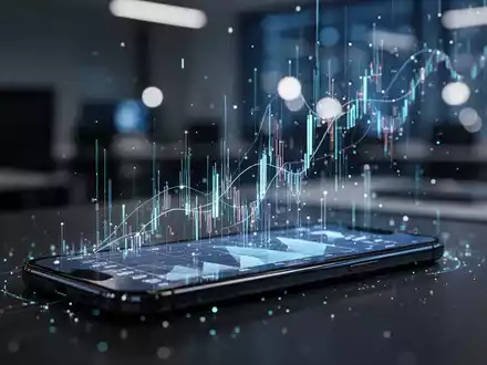 Modernes Smartphone mit einer Finanz-App-Oberfläche und abstrakten digitalen Datenströmen für KI-basierte Ausgabenanalyse. - Foto: über boerse-global.de
