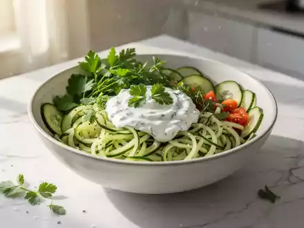 Eine frisch zubereitete, kalte Bowl mit Gurkennudeln und Joghurt-Pesto auf einer hellen Küchentheke. - Foto: über boerse-global.de