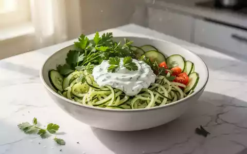 Eine frisch zubereitete, kalte Bowl mit Gurkennudeln und Joghurt-Pesto auf einer hellen Küchentheke. - Foto: über boerse-global.de