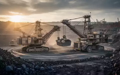 Große industrielle Bergbauanlage mit schweren Maschinen im Tagebau bei Sonnenaufgang. - Foto: über boerse-global.de