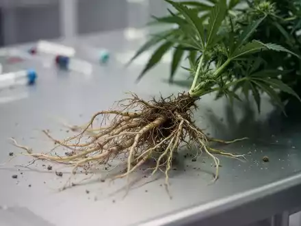 Nahaufnahme von freigelegten Hanfwurzeln auf einem Labortisch, die in der pharmazeutischen Forschung untersucht werden. - Foto: über boerse-global.de