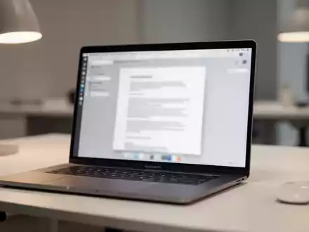 Ein moderner, minimalistischer Arbeitsplatz mit einem MacBook, auf dessen Bildschirm ein Dokumenten-Interface zu sehen ist. - Foto: über boerse-global.de