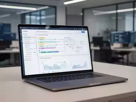 Moderner Büroarbeitsplatz mit einem Laptop, der komplexe Projektmanagement-Dashboards und Software-Workflows anzeigt. - Foto: über boerse-global.de