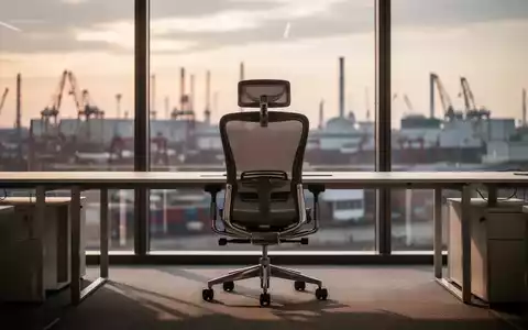 Ein leerer Büroarbeitsplatz mit einem ergonomischen Stuhl vor einem Fenster mit Blick auf ein urbanes Industriegebiet. - Foto: über boerse-global.de