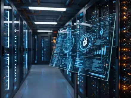 Modernes Rechenzentrum mit leuchtenden Server-LEDs und digitalem Sicherheits-Dashboard zur Cybersicherheit. - Foto: über boerse-global.de