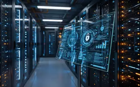 Modernes Rechenzentrum mit leuchtenden Server-LEDs und digitalem Sicherheits-Dashboard zur Cybersicherheit. - Foto: über boerse-global.de