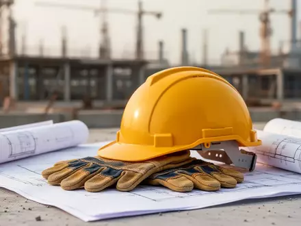 Ein gelber Arbeitsschutzhelm und Schutzhandschuhe auf Bauplänen vor einem unscharfen Hintergrund einer Baustelle. - Foto: über boerse-global.de