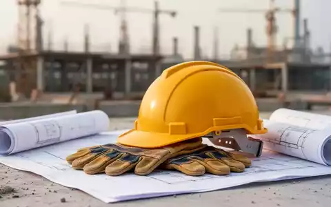 Ein gelber Arbeitsschutzhelm und Schutzhandschuhe auf Bauplänen vor einem unscharfen Hintergrund einer Baustelle. - Foto: über boerse-global.de
