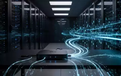 Eine schwarze Android TV-Box auf einem Schreibtisch, umgeben von abstrakten digitalen Datenströmen in einem Serverraum. - Foto: über boerse-global.de