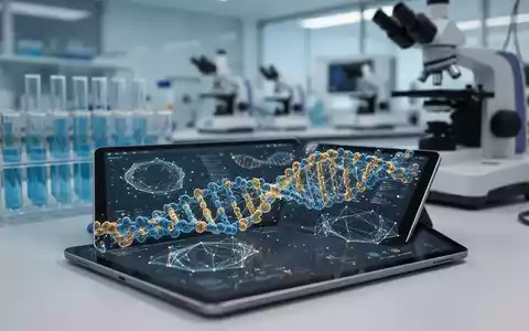 Digitale Visualisierung komplexer DNA-Strukturen und neuronaler Daten auf einem Tablet in einem modernen Forschungslabor. - Foto: über boerse-global.de