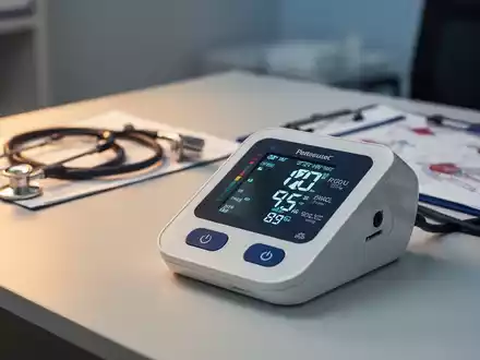 Digitales Blutdruckmessgerät auf einem Schreibtisch in einer Arztpraxis zur Darstellung der Hypertonie-Diagnostik. - Foto: über boerse-global.de
