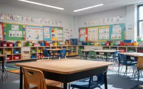 Ein moderner, heller Grundschulklassenraum mit Lernmaterialien und leeren Schultischen. - Foto: über boerse-global.de