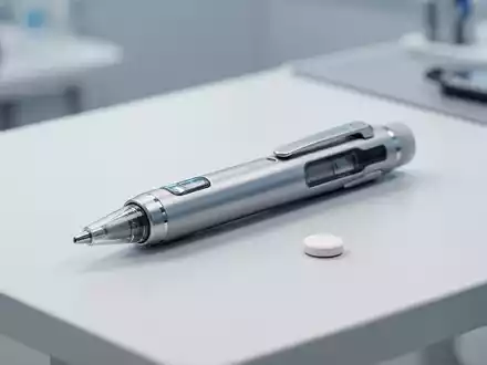 Ein moderner Injektions-Pen und eine Tablette auf einem sterilen, weißen medizinischen Untergrund. - Foto: über boerse-global.de