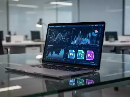 Ein Laptop mit Datenvisualisierung und Dateiformat-Symbolen auf einem sauberen, professionellen Schreibtisch. - Foto: über boerse-global.de
