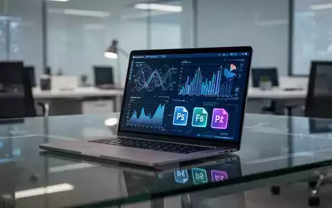 Ein Laptop mit Datenvisualisierung und Dateiformat-Symbolen auf einem sauberen, professionellen Schreibtisch. - Foto: über boerse-global.de