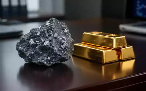 Ein Rohstück aus Antimon-Erz neben einem Goldbarren auf einem dunklen Schreibtisch, symbolisch für Rohstoffinvestitionen. - Foto: über boerse-global.de