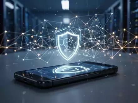 Abstrakte digitale Netzwerkstruktur mit einem Smartphone, das ein Sicherheitssymbol anzeigt, als Metapher für Cybersicherheit. - Foto: über boerse-global.de