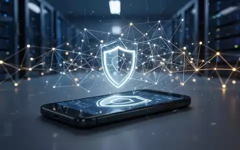 Abstrakte digitale Netzwerkstruktur mit einem Smartphone, das ein Sicherheitssymbol anzeigt, als Metapher für Cybersicherheit. - Foto: über boerse-global.de
