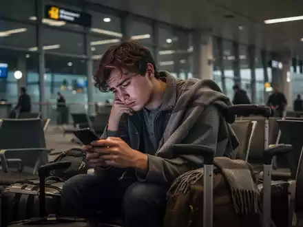 Erschöpfte junge Person schaut in einem modernen Flughafen-Terminal auf ihr Smartphone, symbolisiert Reise-Burnout. - Foto: über boerse-global.de