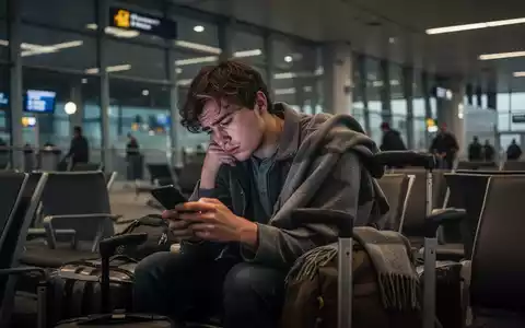 Erschöpfte junge Person schaut in einem modernen Flughafen-Terminal auf ihr Smartphone, symbolisiert Reise-Burnout. - Foto: über boerse-global.de