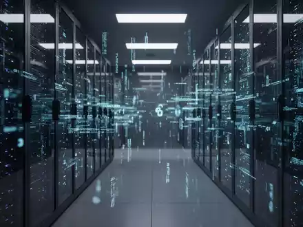 Abstrakte Darstellung einer Server-Umgebung mit digitalen Datenströmen als Symbol für Cybersicherheit und KI-Risiken. - Foto: über boerse-global.de