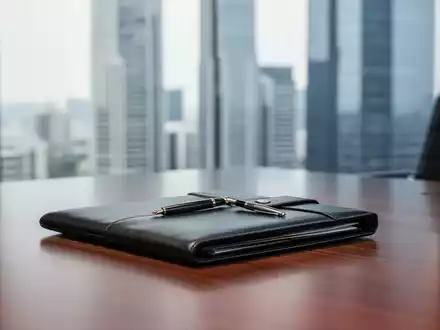 Ein moderner, minimalistischer Büroschreibtisch mit einem Lederportfolio und Füllfederhalter vor einem unscharfen Bürogebäude. - Foto: über boerse-global.de