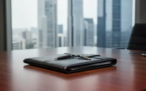 Ein moderner, minimalistischer Büroschreibtisch mit einem Lederportfolio und Füllfederhalter vor einem unscharfen Bürogebäude. - Foto: über boerse-global.de