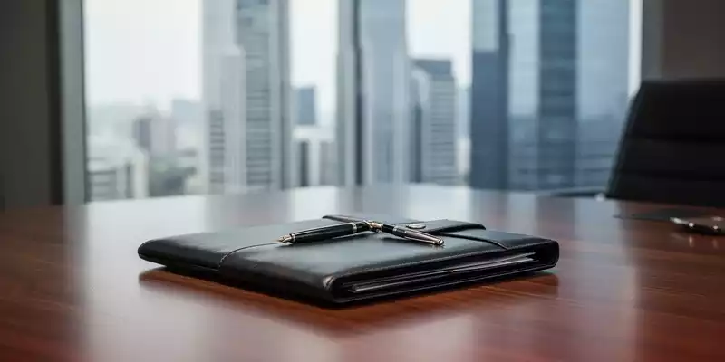 Ein moderner, minimalistischer Büroschreibtisch mit einem Lederportfolio und Füllfederhalter vor einem unscharfen Bürogebäude. - Foto: über boerse-global.de
