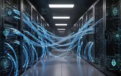 Hochtechnologie-Serverraum mit leuchtenden Glasfaserkabeln, die digitale Sicherheit und KI-Systeme darstellen. - Foto: über boerse-global.de