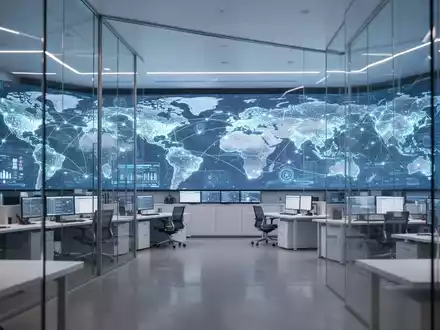Modernes Regierungsoperationszentrum mit digitalen Datenschirmen für globale digitale Governance und Vernetzung. - Foto: über boerse-global.de