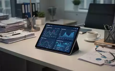 A modern medical office desk featuring a tablet with financial data charts, representing the GKV reform and administrative burden. - Foto: über boerse-global.de