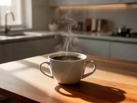 Dampfende Tasse Kaffee auf einem Holztisch in einer hellen, modernen Küche. - Foto: über boerse-global.de