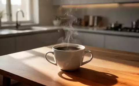 Dampfende Tasse Kaffee auf einem Holztisch in einer hellen, modernen Küche. - Foto: über boerse-global.de