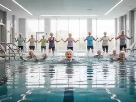 Senioren nehmen an einem Aquafitness-Kurs in einem modernen, barrierefreien Schwimmbad teil. - Foto: über boerse-global.de