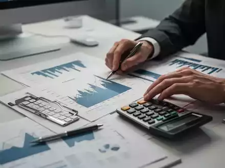 Hände mit Taschenrechner und Finanzdiagrammen auf einem Schreibtisch als Symbol für Gehaltsentwicklung und Inflation. - Foto: über boerse-global.de