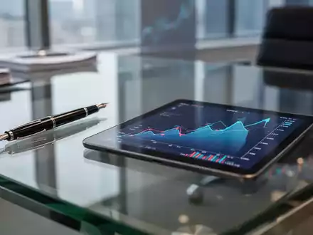 Moderne Büro-Umgebung mit Finanz-Charts auf einem Tablet und einem Füllfederhalter auf einem Schreibtisch. - Foto: über boerse-global.de