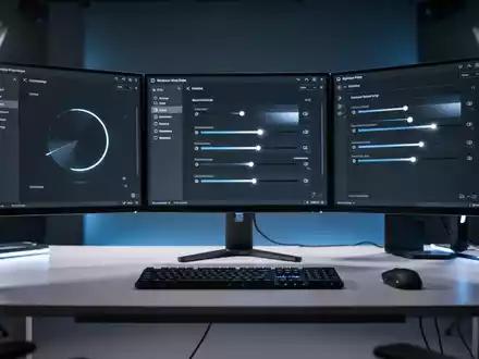Ein moderner Schreibtisch mit drei Monitoren und einer Software-Steuerung für Bildschirmeinstellungen. - Foto: über boerse-global.de