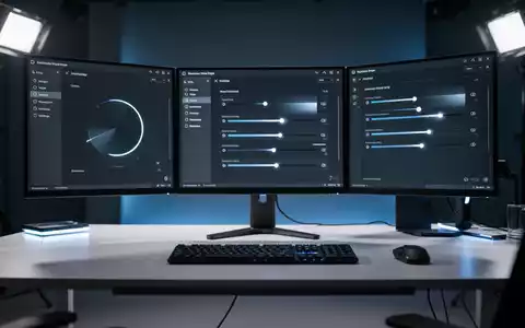 Ein moderner Schreibtisch mit drei Monitoren und einer Software-Steuerung für Bildschirmeinstellungen. - Foto: über boerse-global.de