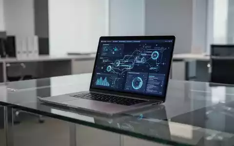Ein moderner Büroarbeitsplatz mit einem Laptop, auf dem Datenvisualisierungen zur digitalen Prozessoptimierung zu sehen sind. - Foto: über boerse-global.de