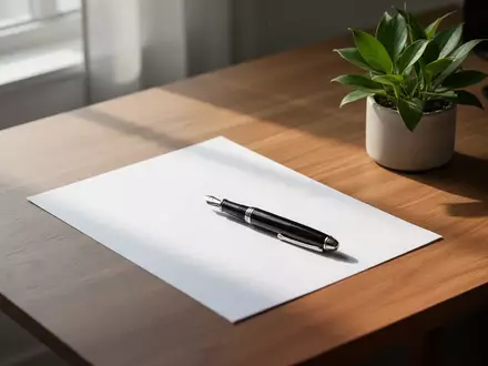 Ein minimalistischer Schreibtisch mit einem Blatt Papier und einem Füllfederhalter bei hellem Tageslicht als Symbol für Reflexion. - Foto: über boerse-global.de