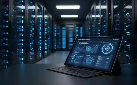 Ein modernes Rechenzentrum mit leuchtenden Server-Racks und einem digitalen Sicherheits-Dashboard auf einem Tablet. - Foto: über boerse-global.de