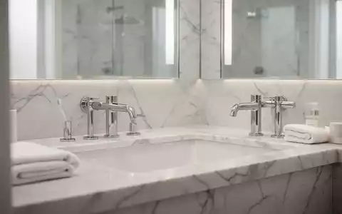 Helles, minimalistisches Badezimmer mit modernen Chromarmaturen und sauberen Oberflächen. - Foto: über boerse-global.de
