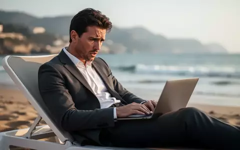 Ein gestresster Mitarbeiter arbeitet während des Urlaubs am Strand an einem Laptop. - Foto: über boerse-global.de