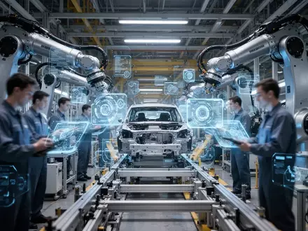 Mitarbeiter in einer modernen Automobilfabrik interagieren mit digitalen Schnittstellen an einer hochtechnisierten Montagelinie. - Foto: über boerse-global.de