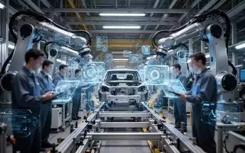 Mitarbeiter in einer modernen Automobilfabrik interagieren mit digitalen Schnittstellen an einer hochtechnisierten Montagelinie. - Foto: über boerse-global.de
