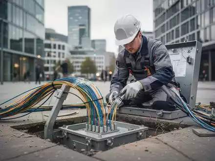 Ein Telekommunikationstechniker installiert Glasfaserinfrastruktur in einem deutschen Stadtviertel. - Foto: über boerse-global.de
