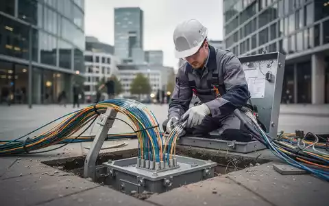 Ein Telekommunikationstechniker installiert Glasfaserinfrastruktur in einem deutschen Stadtviertel. - Foto: über boerse-global.de