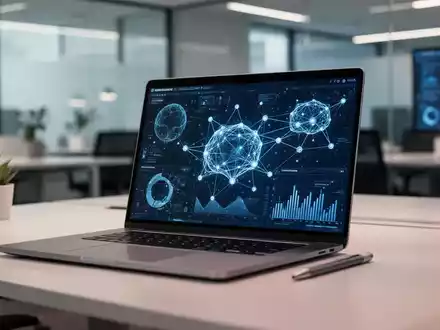 Ein moderner Büroarbeitsplatz mit einem Laptop, auf dem abstrakte Datenvisualisierungen und KI-Netzwerkknoten zu sehen sind. - Foto: über boerse-global.de