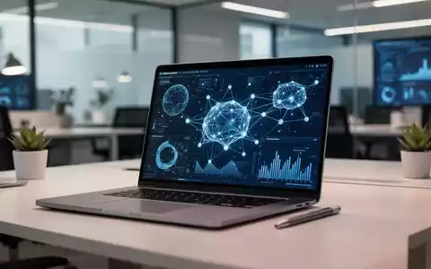 Ein moderner Büroarbeitsplatz mit einem Laptop, auf dem abstrakte Datenvisualisierungen und KI-Netzwerkknoten zu sehen sind. - Foto: über boerse-global.de