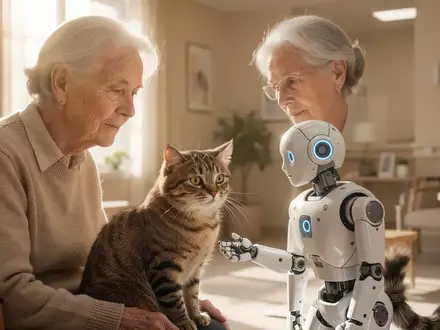 Eine ältere Person interagiert in einem hellen, freundlichen Pflegezimmer mit einer realistischen Roboterkatze. - Foto: über boerse-global.de